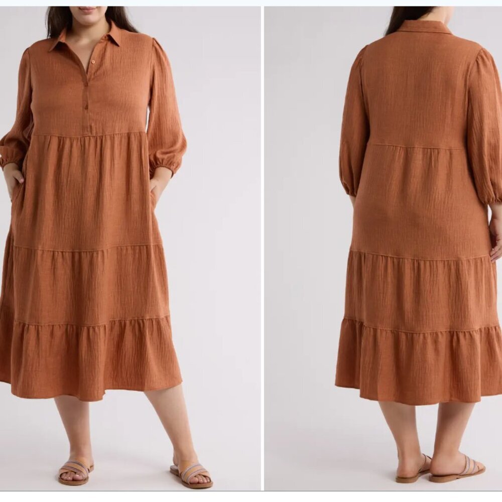 Max Studio Burnt Orange Tiered Midi Shirt Dress